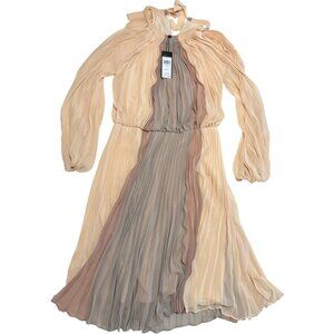WT BCBG MaxAzria Powderco Pleated Chiffon Dress Long Sleeve S
